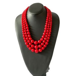 Vintage Three Strand Red Graduated Beaded Necklace Marked Hong Kong 20-23-"